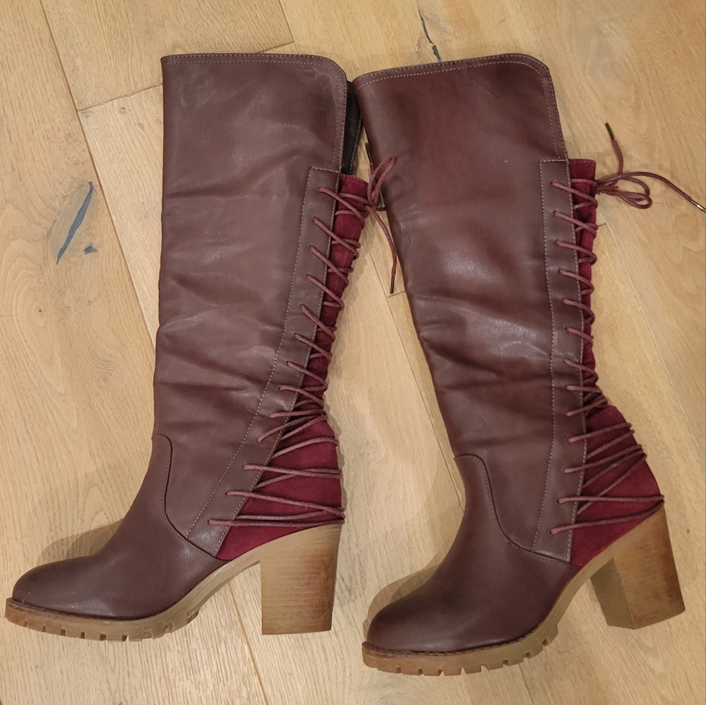 Bucco RIMALINE knee high Boots Lace up back burgundy maroon*Excellent!